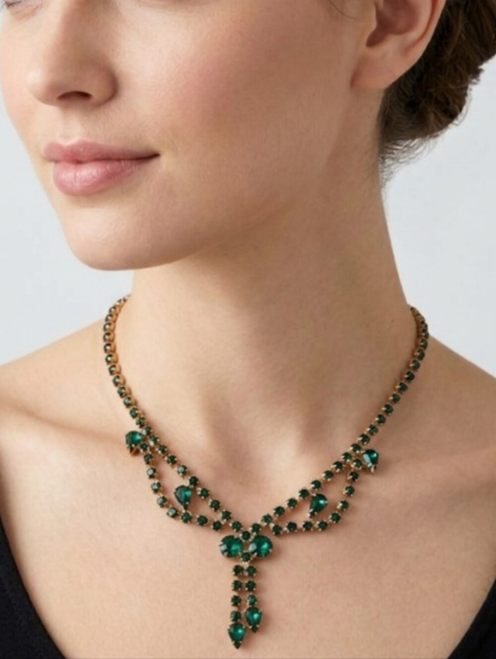 Vintage 50s Emerald Green Rhinestone Y-Drop Collar Necklace